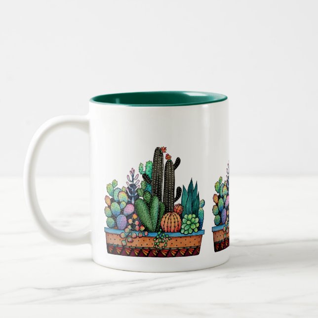 Taza Bicolor Cactus Garden Cute Watercolor En Pot (Izquierda)