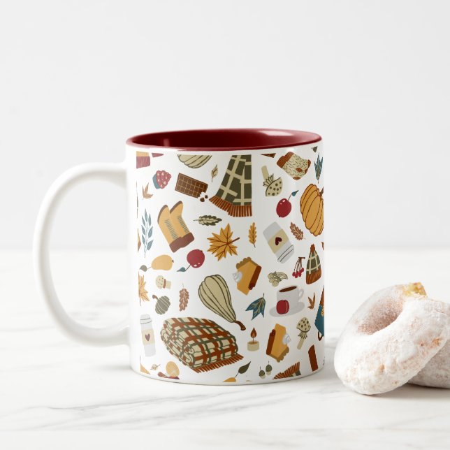 Taza Bicolor Cae única deja calabazas otoñales (Con donut)