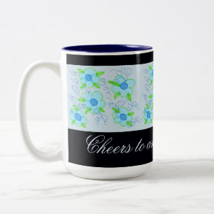 Taza Bicolor Café azul claro con flores
