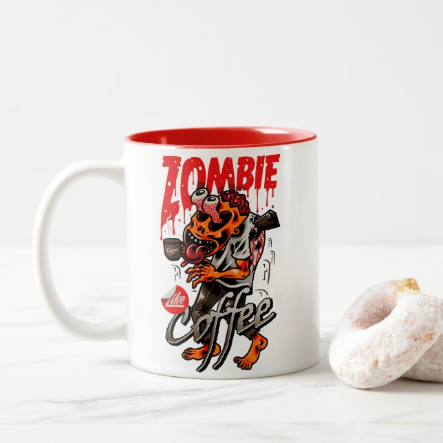 Taza Bicolor Café como Zombie (Con donut)