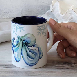 Taza Bicolor Café con tema de playa Mugs Octopus azul