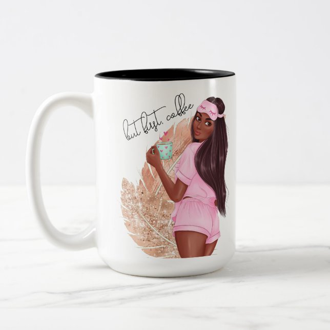 Taza Bicolor Café Falso Brillo Chica Pelo Marrón Rosa   (Izquierda)