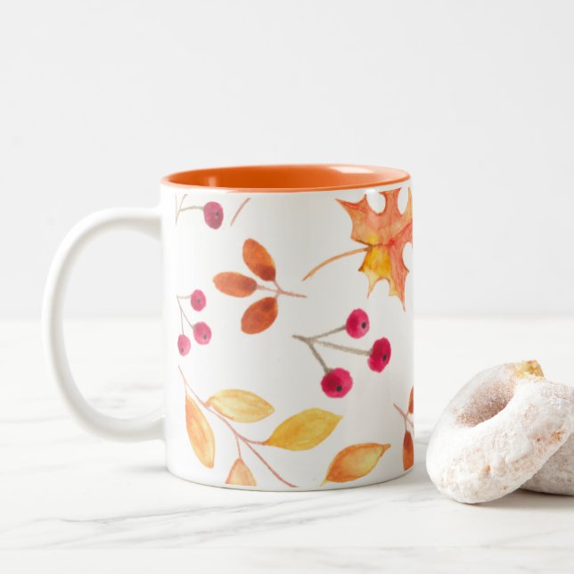 Taza Bicolor Caída de acuarela otoño deja acuarela (Con donut)