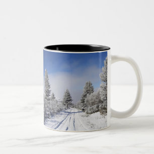 Taza Bicolor Camino nevado y pinos, Cambrians, cerca de St