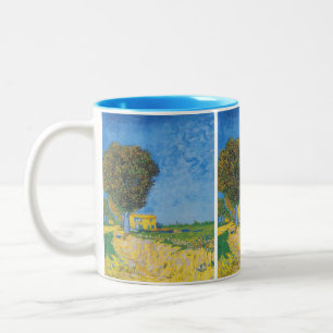 Taza Bicolor Camino soleado vibrante y casa amarilla de Van Gog