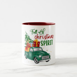 Taza Bicolor Camión Navidad Retro Verde Rojo Ilustracion de nie