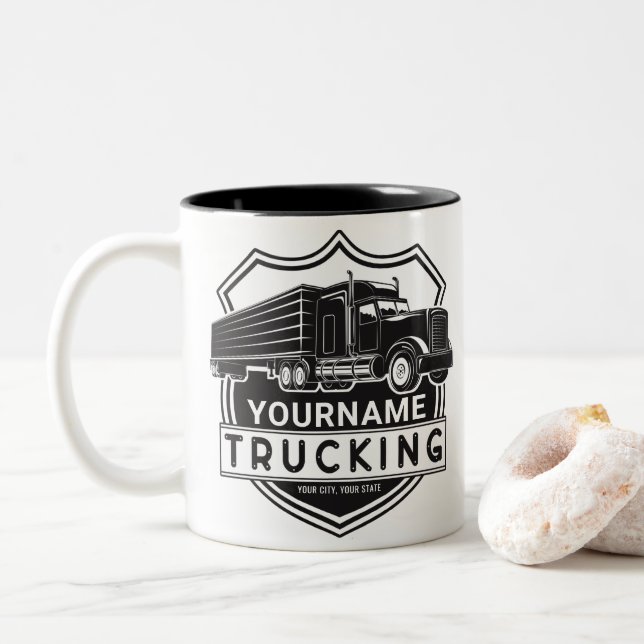 Taza Bicolor Camión Personalizado NOMBRE Transporte Camión Gran (Con donut)