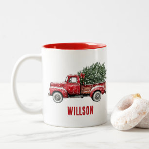 Taza Bicolor Camión Rojo Vintage Acuarela Navidad