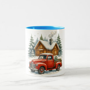 Taza Bicolor Camioneta Roja Retro de Navidad - Escena de Cabaña