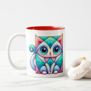 Taza Bicolor Camiseta de Ilustracion de Cat Square, gato con oj