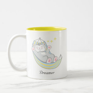 Taza Bicolor Camiseta Gatito Soñador Lindo en Hamaca