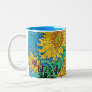 Taza Bicolor Campo de girasoles rojo naranja amarillo azul Van 