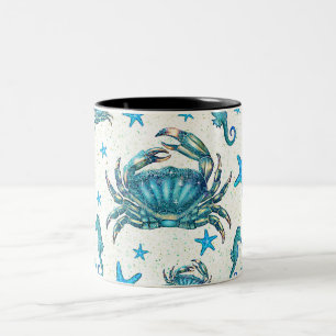 Taza Bicolor Cangrejo azul de playa moderna estrella de mar cab