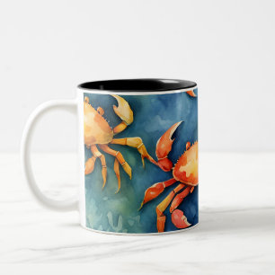 Taza Bicolor Cangrejos y Coral Marino Costero en Acuarela Color