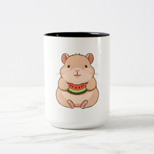 Taza Bicolor Capybara Chibi Kawaii Comiendo Rodaja de Sandía