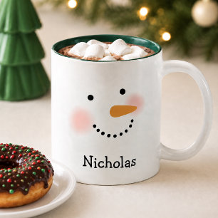 Taza Bicolor Cara de muñeco de nieve lindo verde nombre de niño