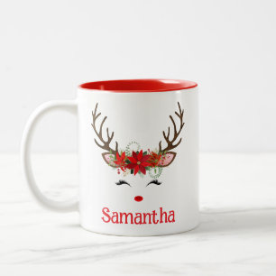 Taza Bicolor Cara de Reno Cute Festiva con Poinsettia