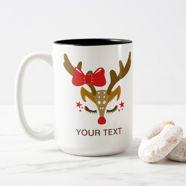 Taza Bicolor Cara de reno de Navidades personalizados (Con donut)