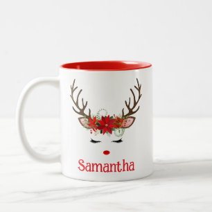 Taza Bicolor Cara de Reno Festiva y Llena de Cuento con Poinset
