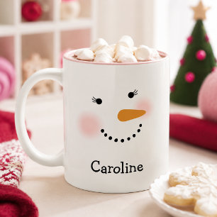 Taza Bicolor Cara Feliz de Muñeco de Nieve Personalizado Nombre