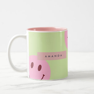 Taza Bicolor Cara Sonriente Personalizada de Color Verde y Rosa