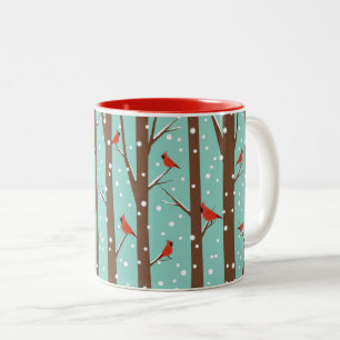 Taza Bicolor Cardenal rojo pájaros bosques de invierno