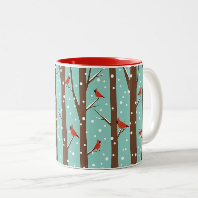 Taza Bicolor Cardenal rojo pájaros bosques de invierno (Anverso derecho)
