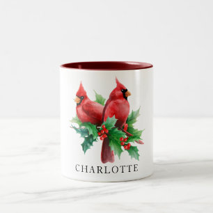 Taza Bicolor Cardenales rojos de color de agua Holly Berries Pe