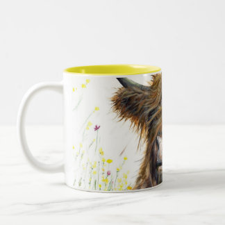 Taza Bicolor Carne de vaca Highland, vaca escocesa con flores, 