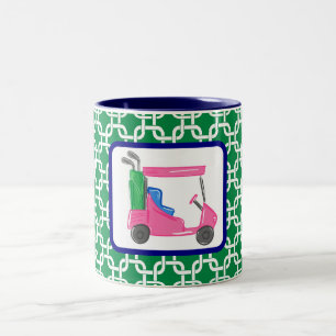Taza Bicolor Carrito de Golf Verde Preppy Enlace Rosa Golfista