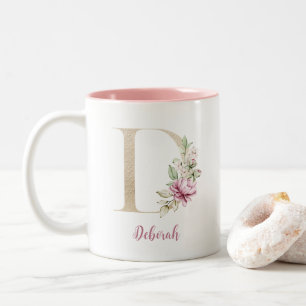 Taza Bicolor Carta dorada D, Monograma D, Floral rosa le dan