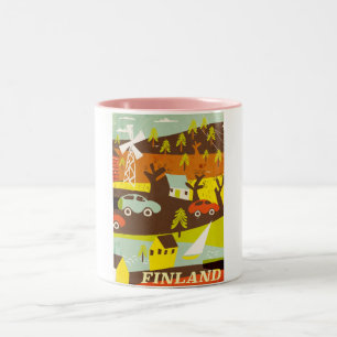 Taza Bicolor Cartel de viaje de Finlandia de mediados de siglo 