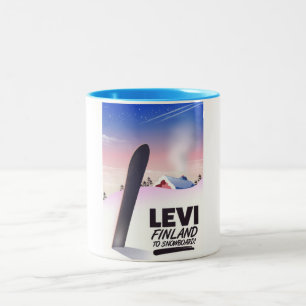 Taza Bicolor Cartel de viaje de snowboarding en Levi Finlandia