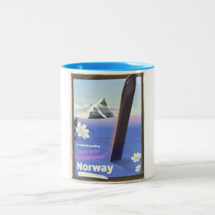 Taza Bicolor Cartel de viaje de snowboarding vintage de Noruega