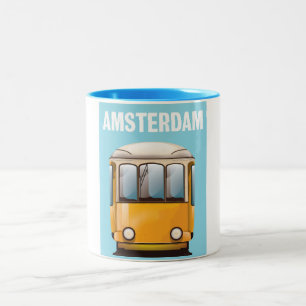Taza Bicolor cartel de viaje de tranvía amarillo de Ámsterdam