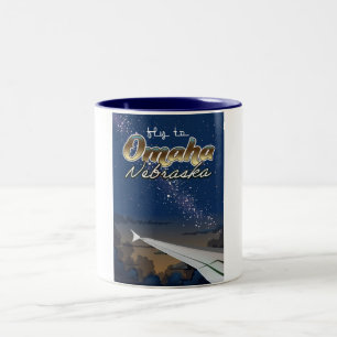 Taza Bicolor Cartel de viaje de vuelo vintage de Omaha, Nebrask