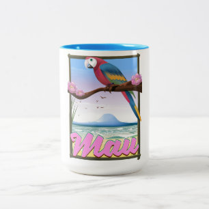Taza Bicolor Cartel de viaje tropical de Maui Hawaii loro