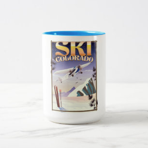 Taza Bicolor Cartel de viaje vintage de esquí colorado