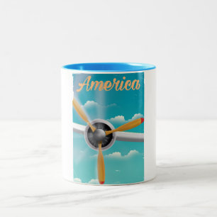 Taza Bicolor Cartel vintage de viaje en avión de hélice de Amér