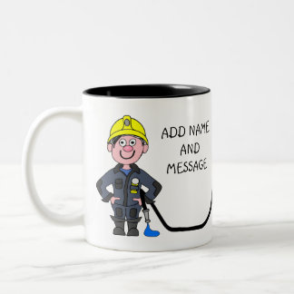 Taza Bicolor Cartoon of Fireman Holding His hose