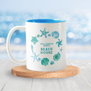 Taza Bicolor Casa de playa familiar Blue Watercolor Sea Shells