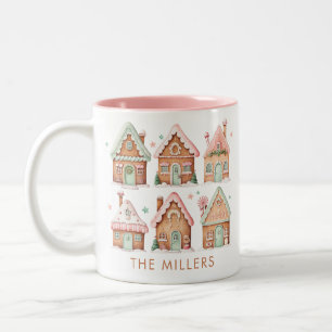 Taza Bicolor Casas de pan de jengibre Navidades de menta rosa