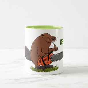 Taza Bicolor castor con ilustracion personalizado de motosierra