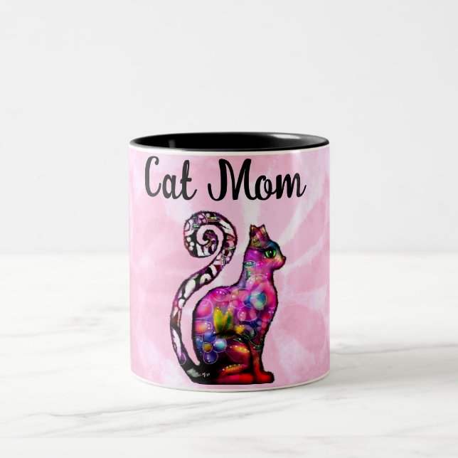 Taza Bicolor Cat Mom Resumen Whimsical Cat Kitty Art (Centro)