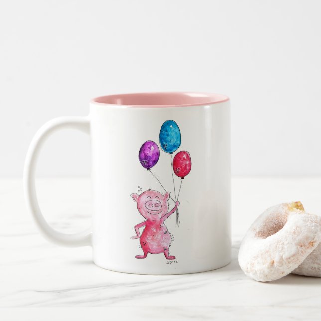 Taza Bicolor Cerdo rosa caprichoso con globos (Con donut)