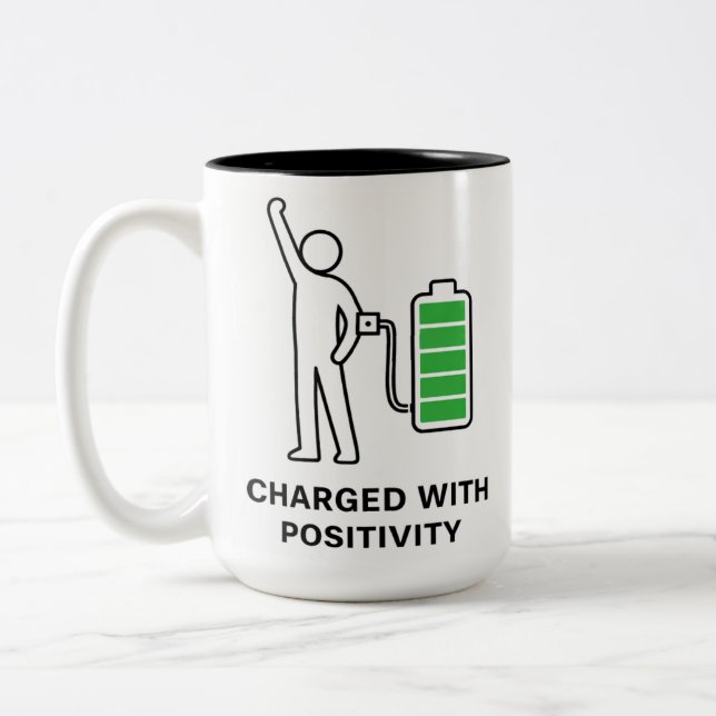 Taza Bicolor Charged With Positivity Mug ☕🔋 | Funny Motivation (Izquierda)
