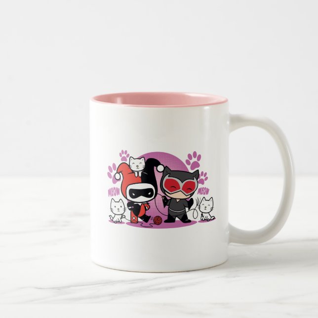 Taza Bicolor Chibi Harley Quinn & Chibi Catwoman Con Gatos (Derecha)