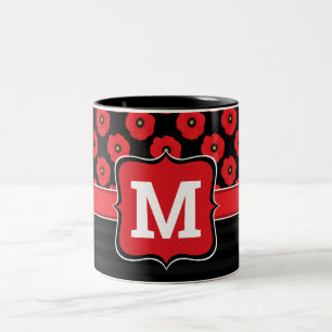 Taza Bicolor Chic Desgastado Amapolas Rojas y Negras Monograma 