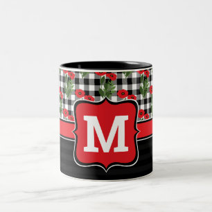 Taza Bicolor Chic Deslucido Rojo, Negro y Blanco Amapolas Monog