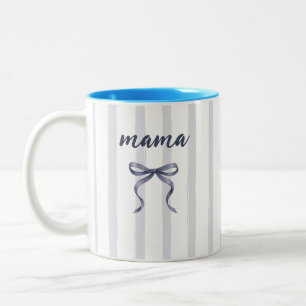 Taza Bicolor Chic Dusty Azul Acuarela Rayas y Lazo Mamá